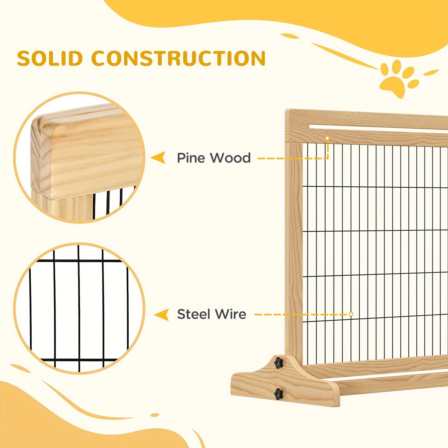 Extra Wide 72 Inch Freestanding Pet Gate with Adjustable Steel Barrier Natural Wood Finish for Dogs and Cats Perfect for Doorways Hallways and Indoor Use