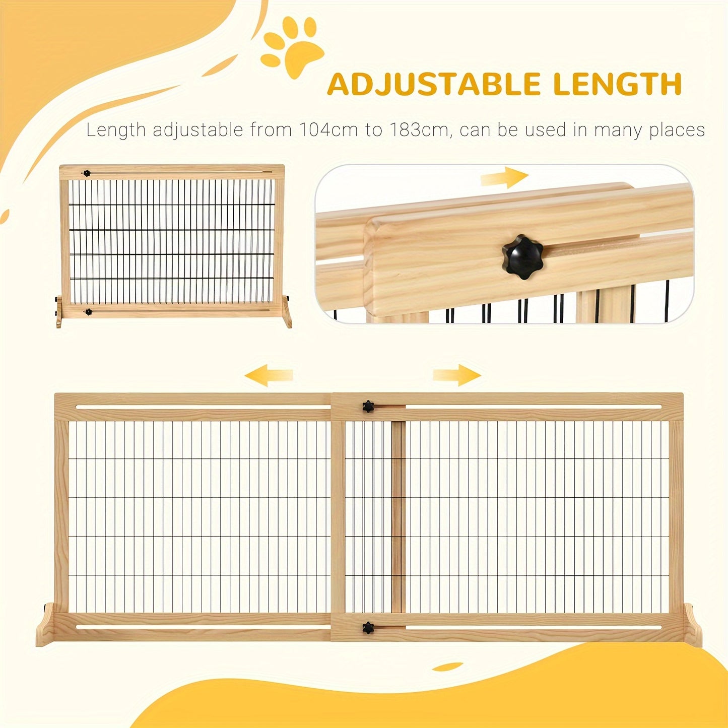 Extra Wide 72 Inch Freestanding Pet Gate with Adjustable Steel Barrier Natural Wood Finish for Dogs and Cats Perfect for Doorways Hallways and Indoor Use