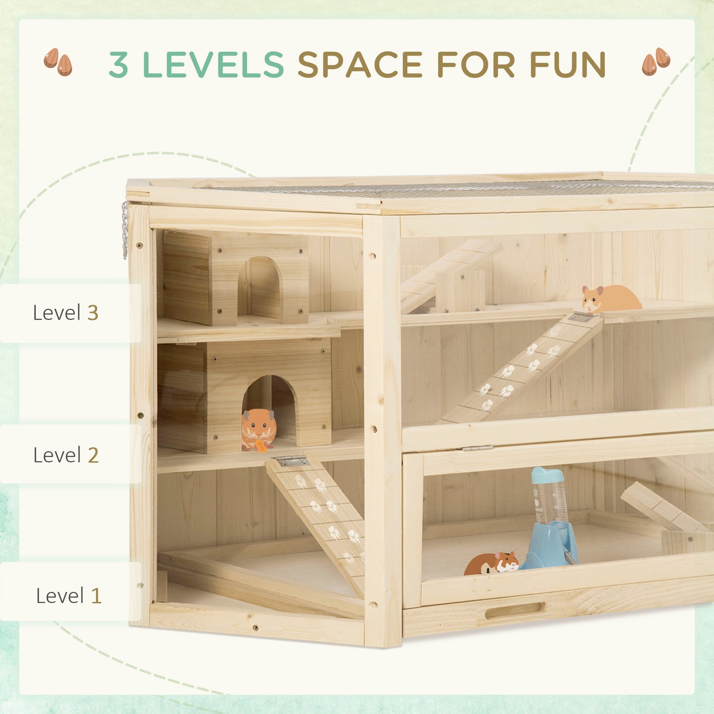 PawHut Wooden Large Hamster Cage Three Tier With Tray Seesaws Water Bottle Activity Center