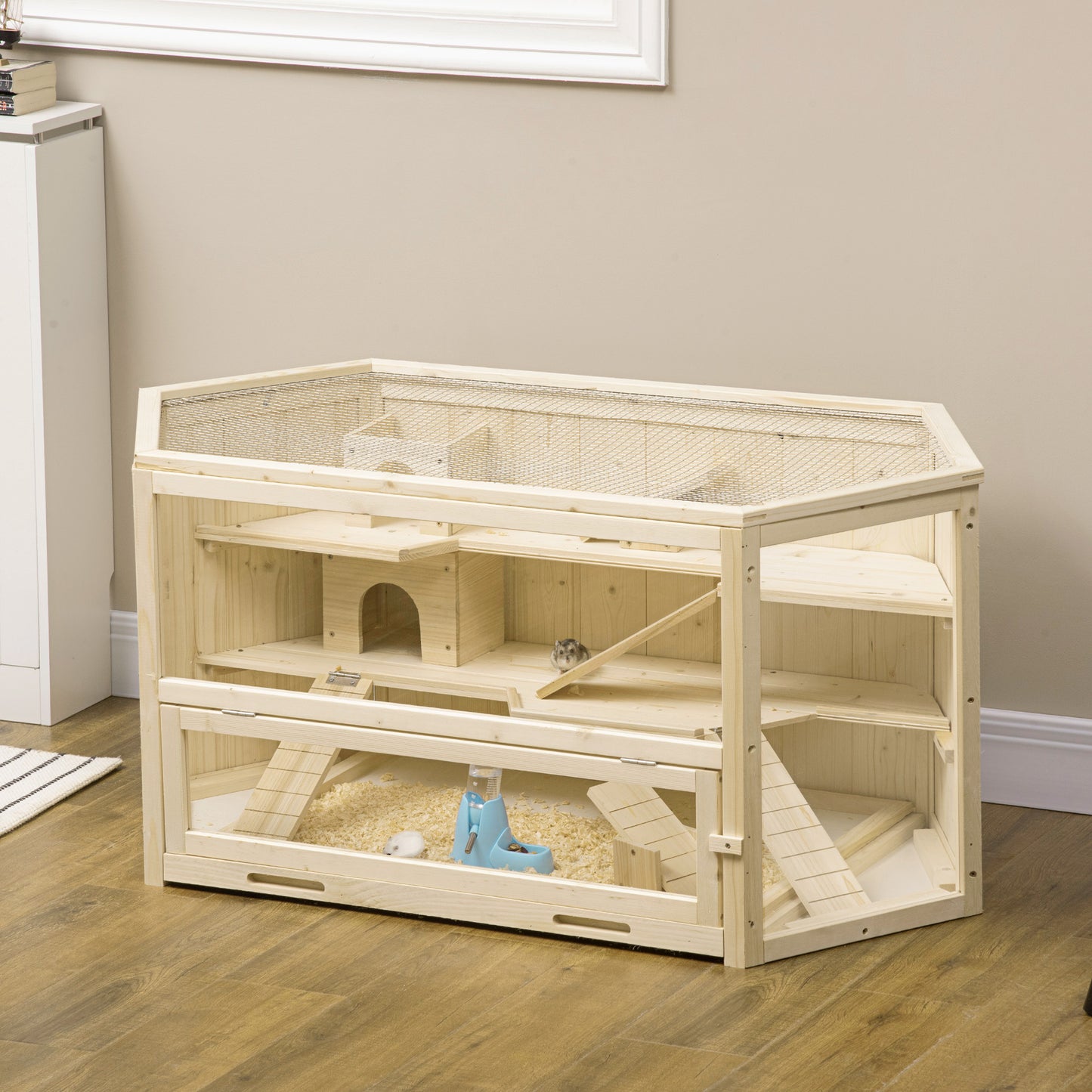 PawHut Wooden Large Hamster Cage Three Tier With Tray Seesaws Water Bottle Activity Center