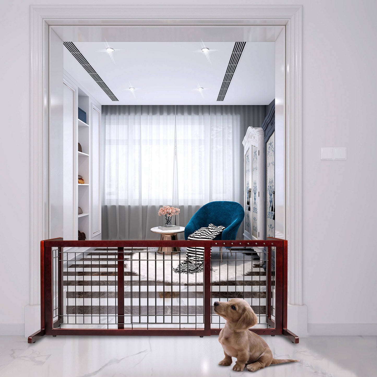 Bonnlo Freestanding Pet Gates for Dogs Indoor Dog Fence Solid Wooden Dog Gates Adjustable Doorways and Stairs Doggie Gates for Indoors 40 to 71 Inches Wide