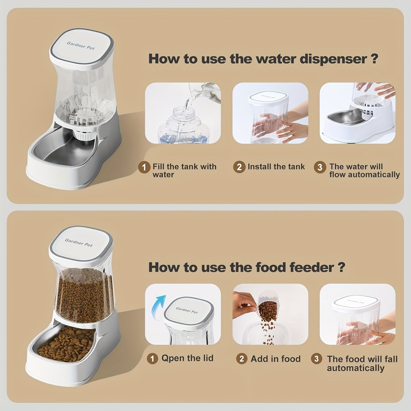 Automatic Pets Gravity Feeder And Water Dispenser Set 1 Gallon X 2 Stainless Steel Food Feeder And Waterer 100 Percent BPA Free Water Bowl Dispenser For Small And Medium Dogs Cats Puppies White Without Battery