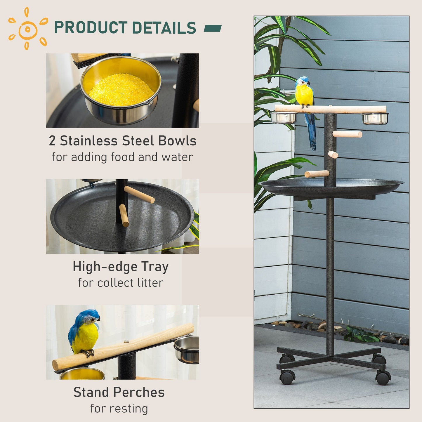 PawHut Portable Bird Play Stand with Four Wheels Stainless Steel Feeding Bowls and Round Tray Grey