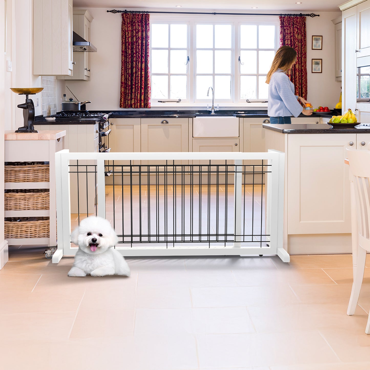 Bonnlo Freestanding Pet Gates for Dogs Indoor Dog Fence Solid Wooden Dog Gates Adjustable Doorways and Stairs Doggie Gates for Indoors 40 to 71 Inches Wide