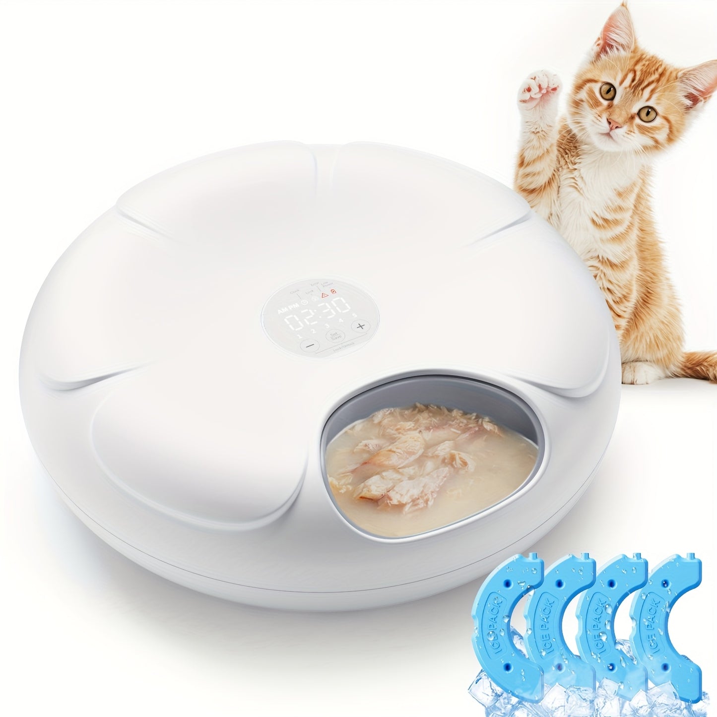 6 Compartments Rechargeable Cordless Cat Feeder Smart Automatic Wet Food Dispenser Programmable Daily Feeding Schedule with Ice Packs Low Battery Indicator Safe Paw Design