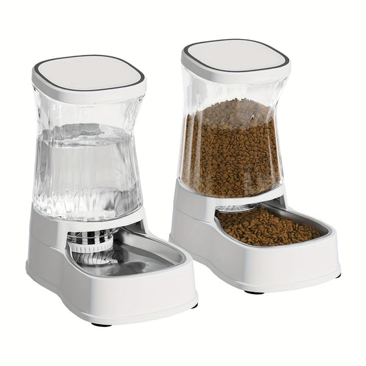 Automatic Pets Gravity Feeder And Water Dispenser Set 1 Gallon X 2 Stainless Steel Food Feeder And Waterer 100 Percent BPA Free Water Bowl Dispenser For Small And Medium Dogs Cats Puppies White Without Battery