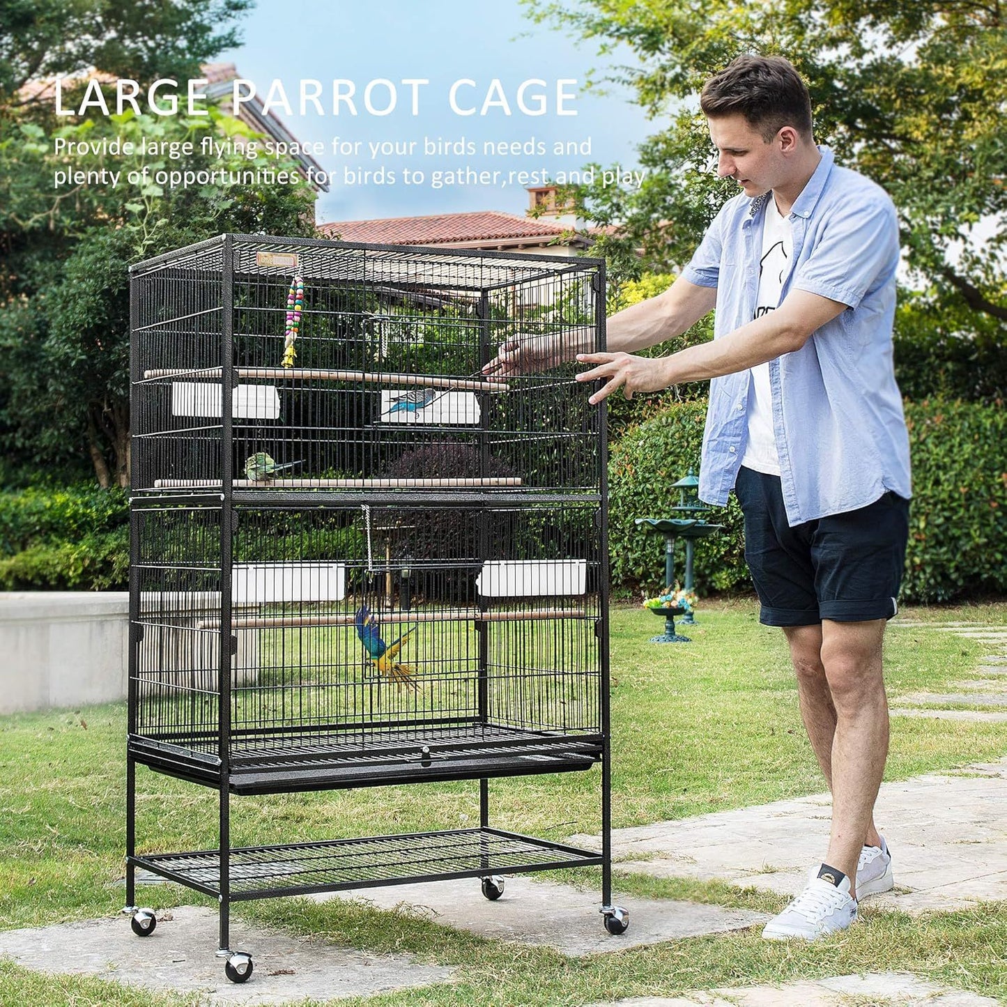 53 Inch Extra Large Wrought Iron Movable Bird Cage for Budgerigars Cockatiels Sun Conures and More Birds Classic Black Sturdy and Durable