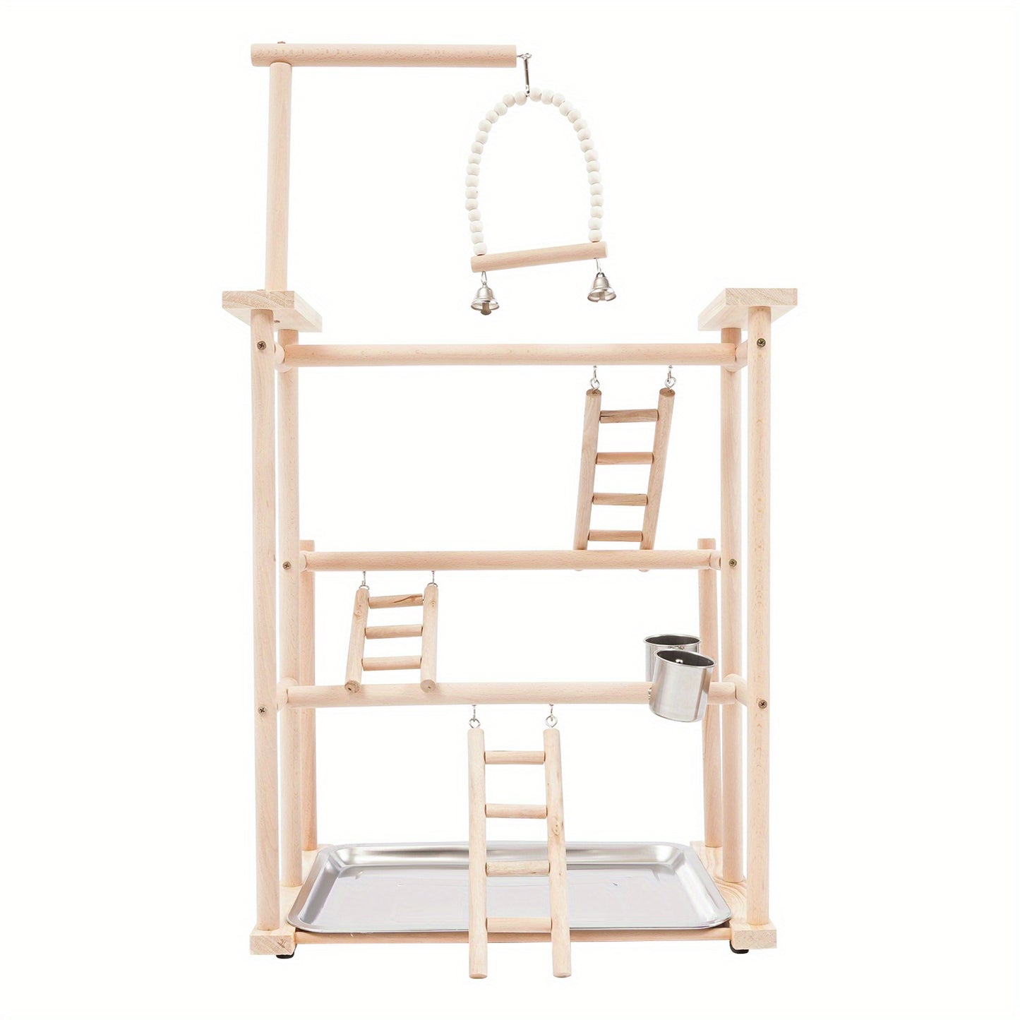 3 Tier Beech Wood Parrot Rack with 4 Non Slip Foot Pads Log Color Bird Play Stand for Small Mid Sized Birds Multi Level Climbing Ladders Perches Feeding Cup and Removable Tray Modern Freestanding Countertop Design