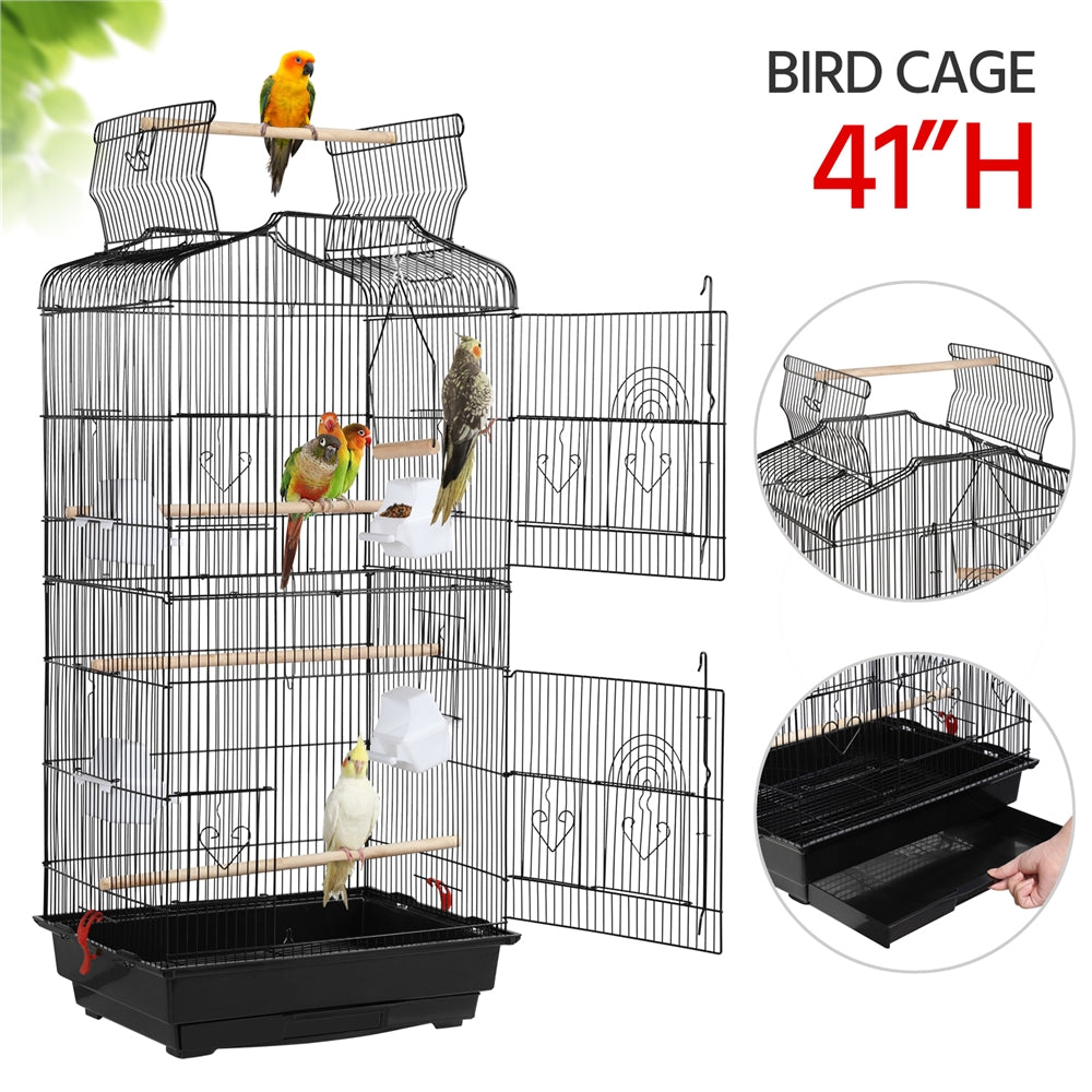 Costoffs 41 Inch Open Top Metal Parrot Bird Cage with Slide Out Tray Four Feeders and Double Doors Ideal for Budgies Parrots Canaries Cockatiels Green Cheek Conures and More