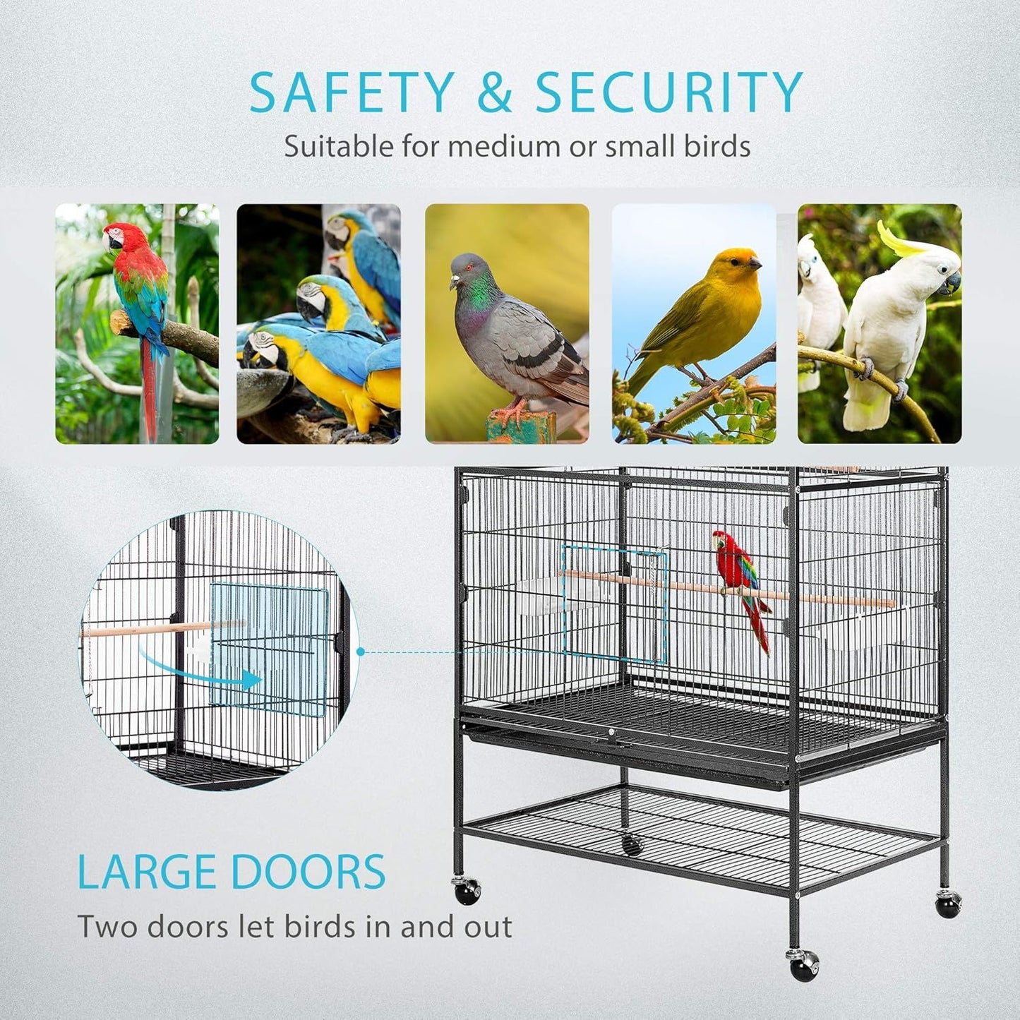 53 Inch Extra Large Wrought Iron Movable Bird Cage for Budgerigars Cockatiels Sun Conures and More Birds Classic Black Sturdy and Durable