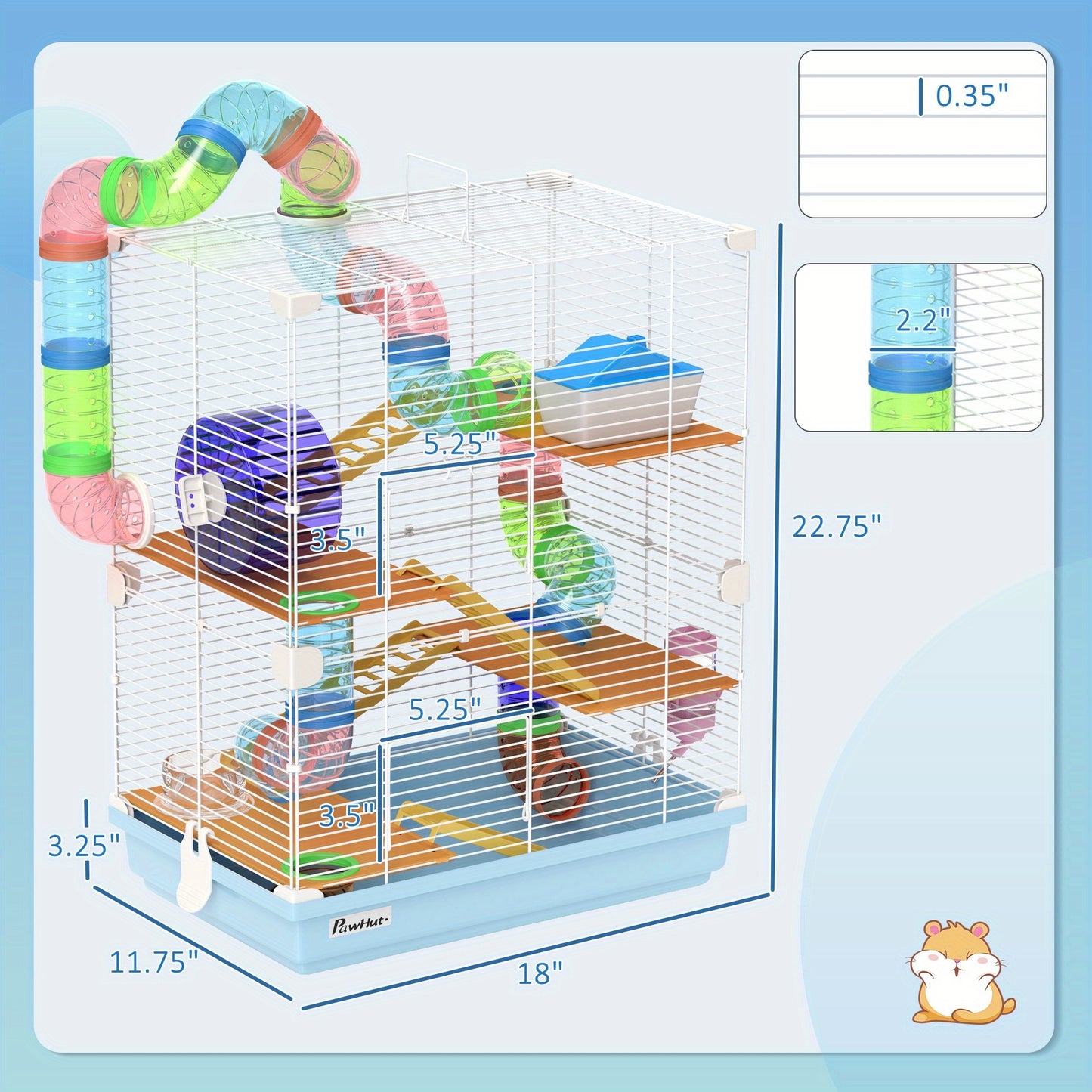 PawHut 18 Inch 5 Tier Hamster Cage with Tubes and Tunnels Small Animal Cage with Portable Carry Handle Gerbil Cage with Water Bottle Food Dish and Exercise Wheel Light Blue
