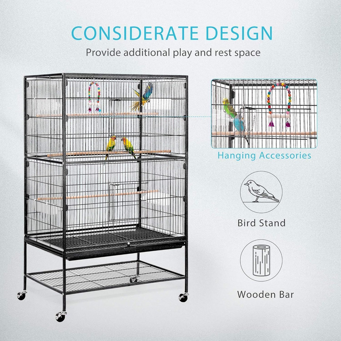53 Inch Extra Large Wrought Iron Movable Bird Cage for Budgerigars Cockatiels Sun Conures and More Birds Classic Black Sturdy and Durable