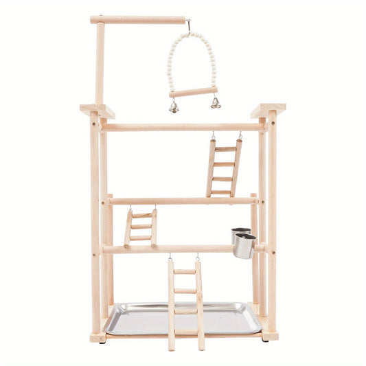 Pet Parrot Playstand Wood Perch Gym Playpen Ladder with Feeder Cups Bells for Cockatiel Parakeet Three Layers