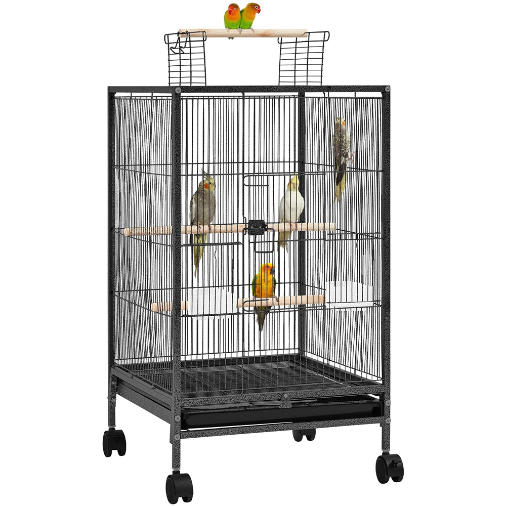 Costoffs 31 Inch Wrought Iron Bird Cage Parrot Cage with Rolling Stand Open Top for Small Birds Black