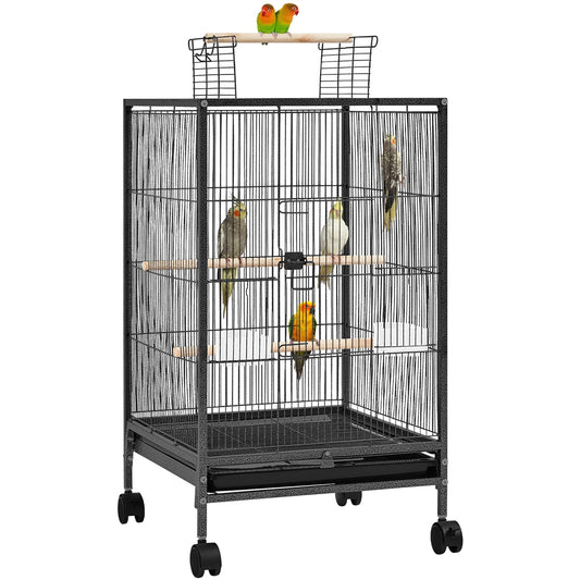 Costoffs 31 Inch Wrought Iron Bird Cage Parrot Cage with Rolling Stand Open Top for Small Birds Black