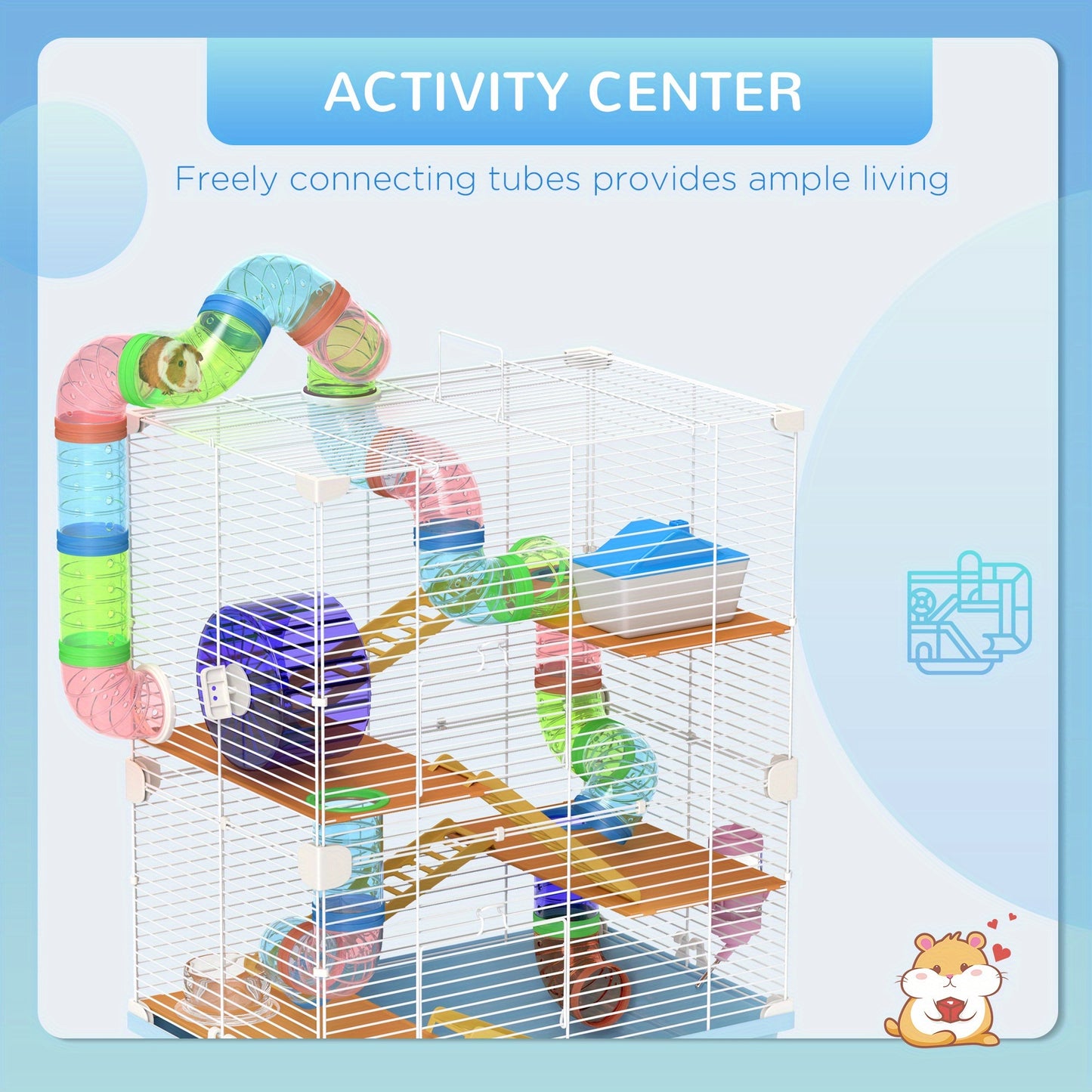 PawHut 18 Inch 5 Tier Hamster Cage with Tubes and Tunnels Small Animal Cage with Portable Carry Handle Gerbil Cage with Water Bottle Food Dish and Exercise Wheel Light Blue
