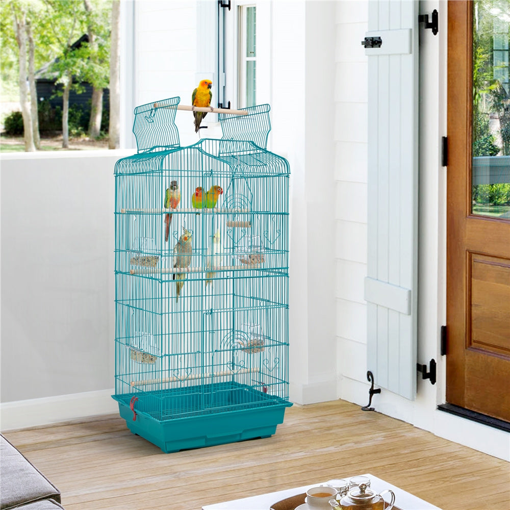 Costoffs 41 Inch Open Top Metal Parrot Bird Cage with Slide Out Tray Four Feeders and Double Doors Ideal for Budgies Parrots Canaries Cockatiels Green Cheek Conures and More