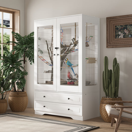 1pc FUFU and GAGA Wooden Bird Cage Cabinet Multipurpose Rectangle Birdcage with Storage Drawers Fenced Ventilation Non Waterproof Display Organizer for Living Room Bird Nest House White 39.3W x 19.6D x 63H For Bird