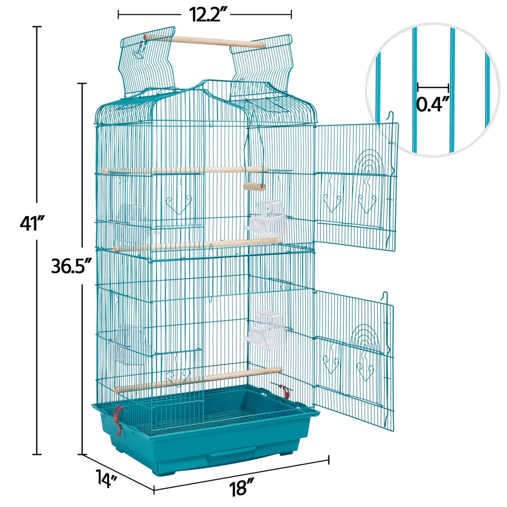 Costoffs 41 Inch Open Top Metal Parrot Bird Cage with Slide Out Tray Four Feeders and Double Doors Ideal for Budgies Parrots Canaries Cockatiels Green Cheek Conures and More