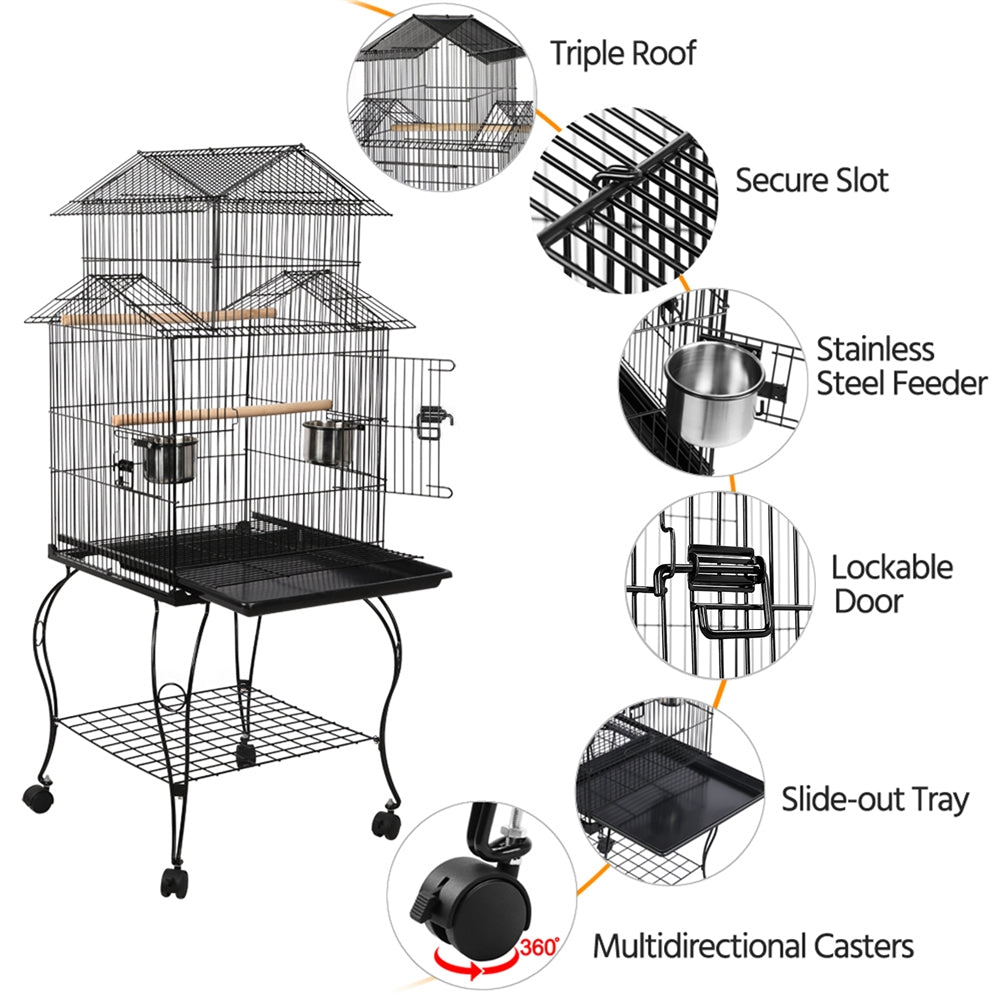Costoffs Budgie Cage 55 Inch Rolling Standing Triple Roof Medium Parrot Cage with Detachable Stand for Cockatiels Sun Parakeets