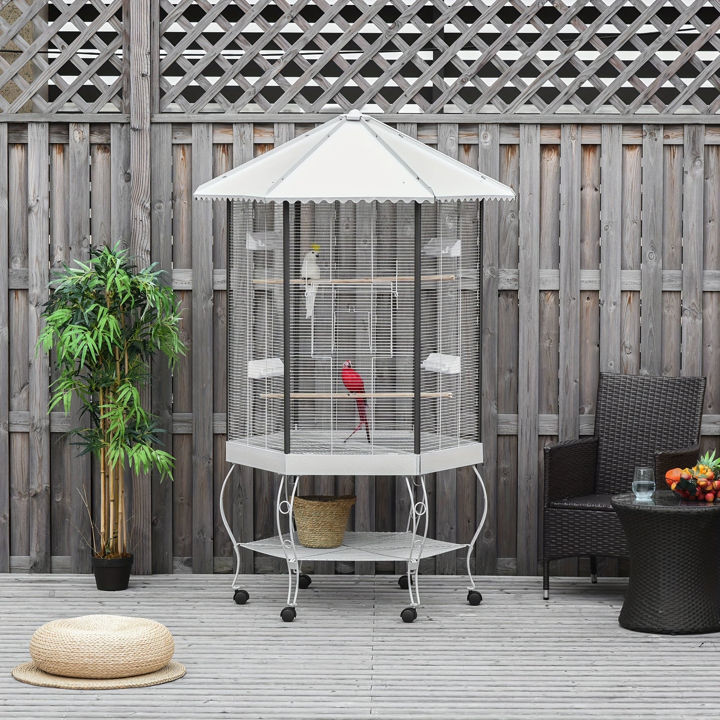 PawHut 77 Inch Flight Bird Cage Hexagon Covered Canopy Portable Aviary with Storage