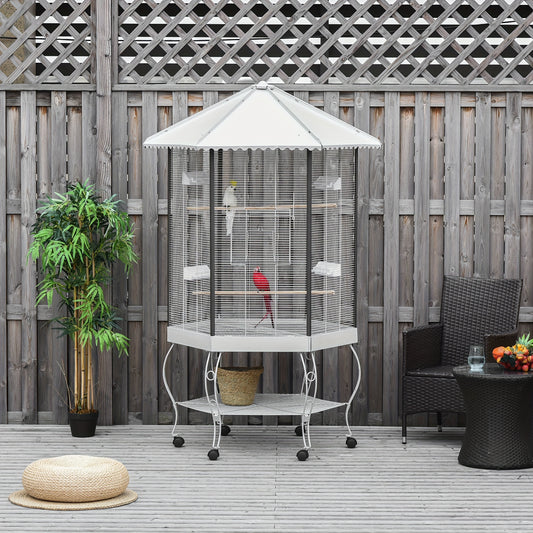 PawHut 77 Inch Flight Bird Cage Hexagon Covered Canopy Portable Aviary with Storage