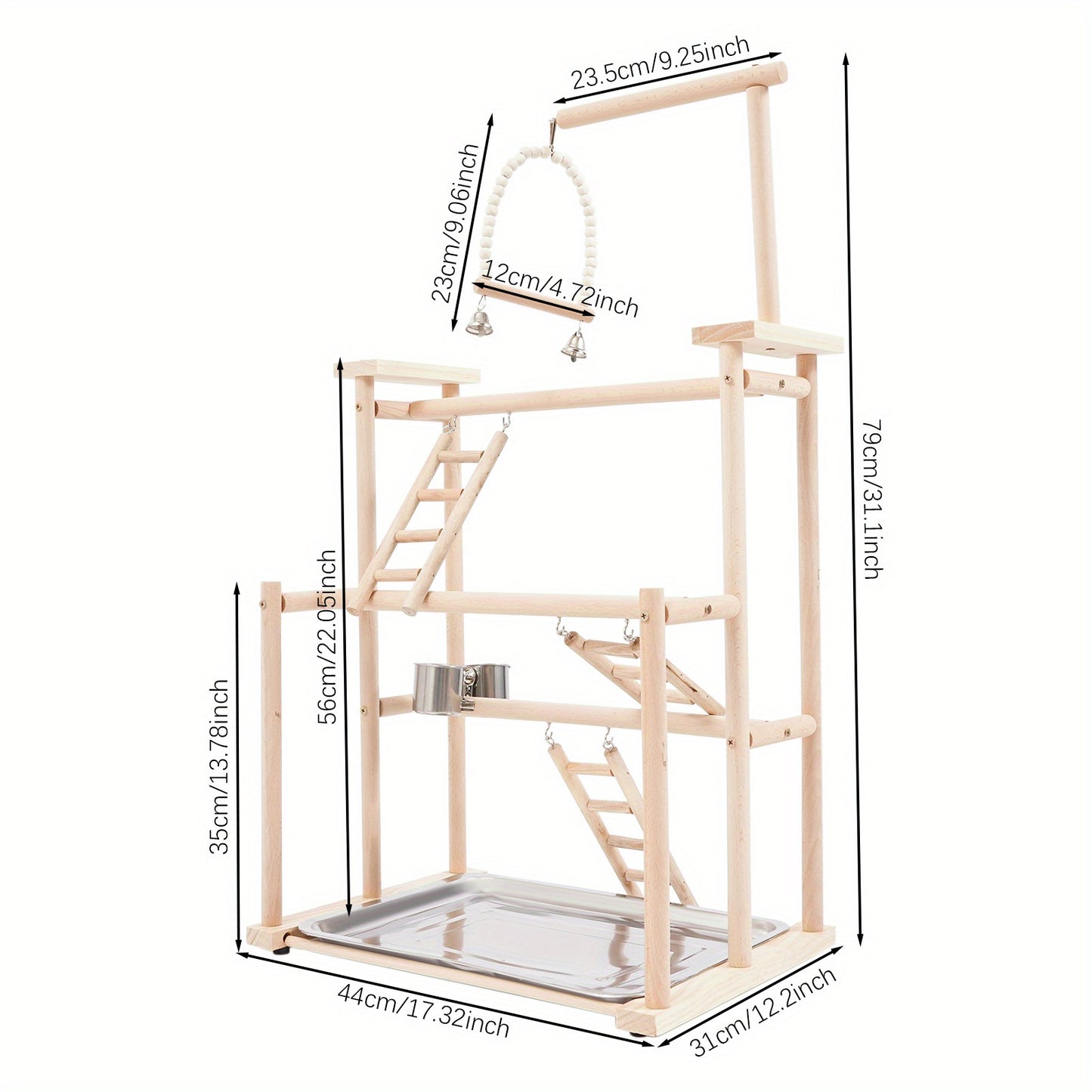 Pet Parrot Playstand Wood Perch Gym Playpen Ladder with Feeder Cups Bells for Cockatiel Parakeet Three Layers