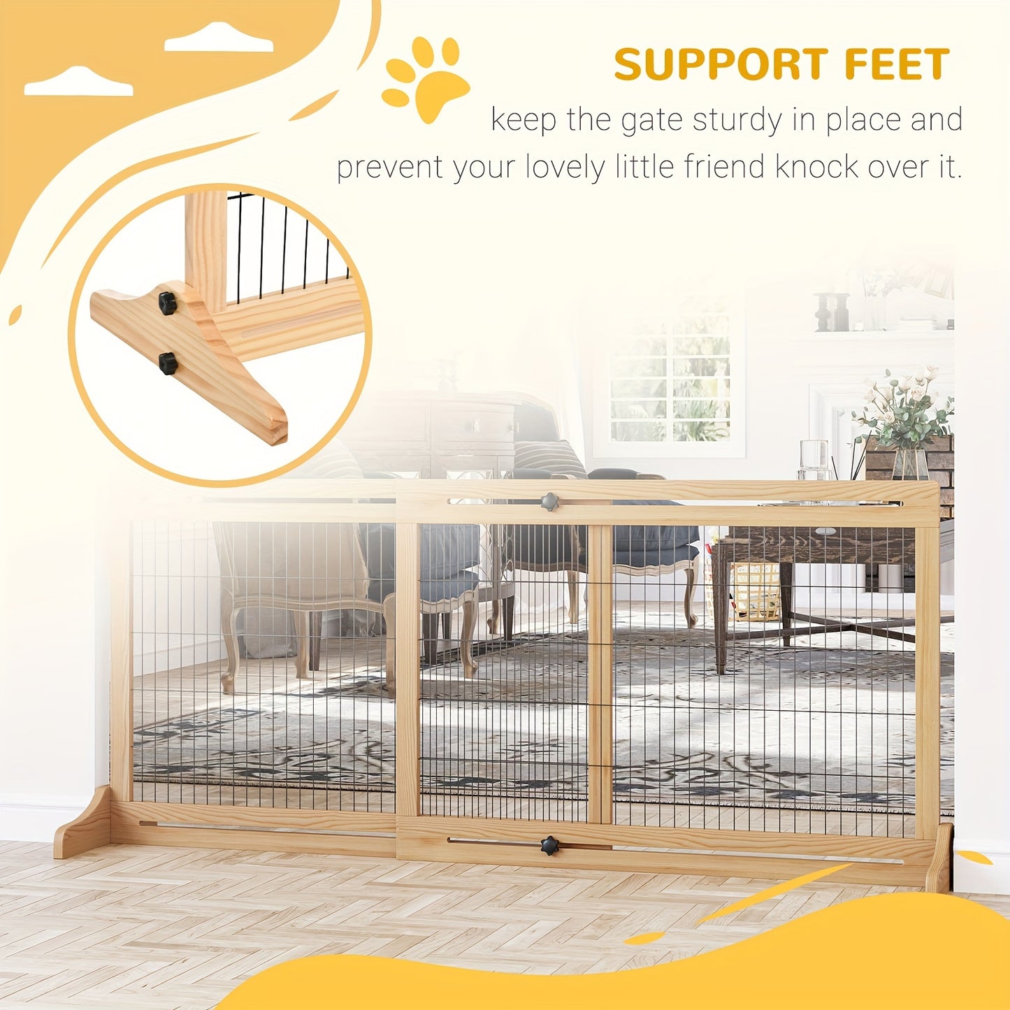 Extra Wide 72 Inch Freestanding Pet Gate with Adjustable Steel Barrier Natural Wood Finish for Dogs and Cats Perfect for Doorways Hallways and Indoor Use