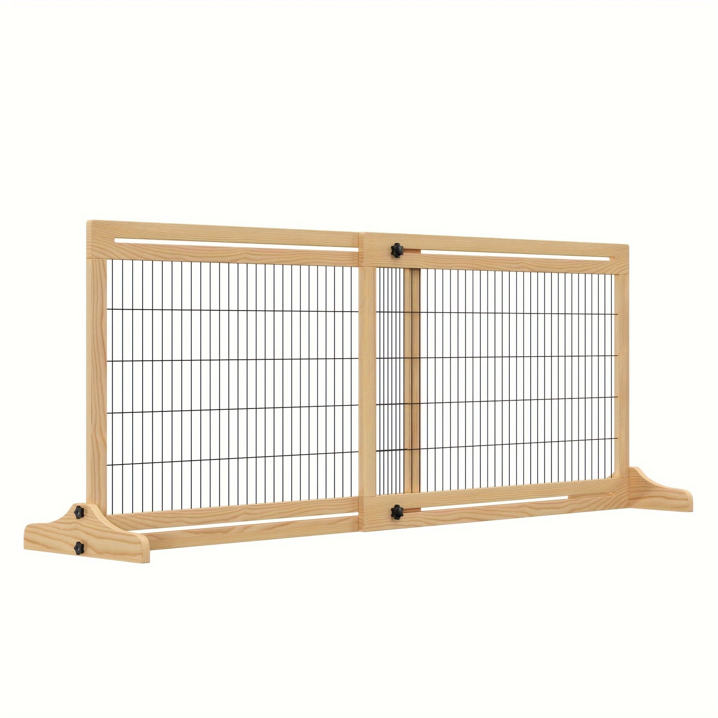 Extra Wide 72 Inch Freestanding Pet Gate with Adjustable Steel Barrier Natural Wood Finish for Dogs and Cats Perfect for Doorways Hallways and Indoor Use