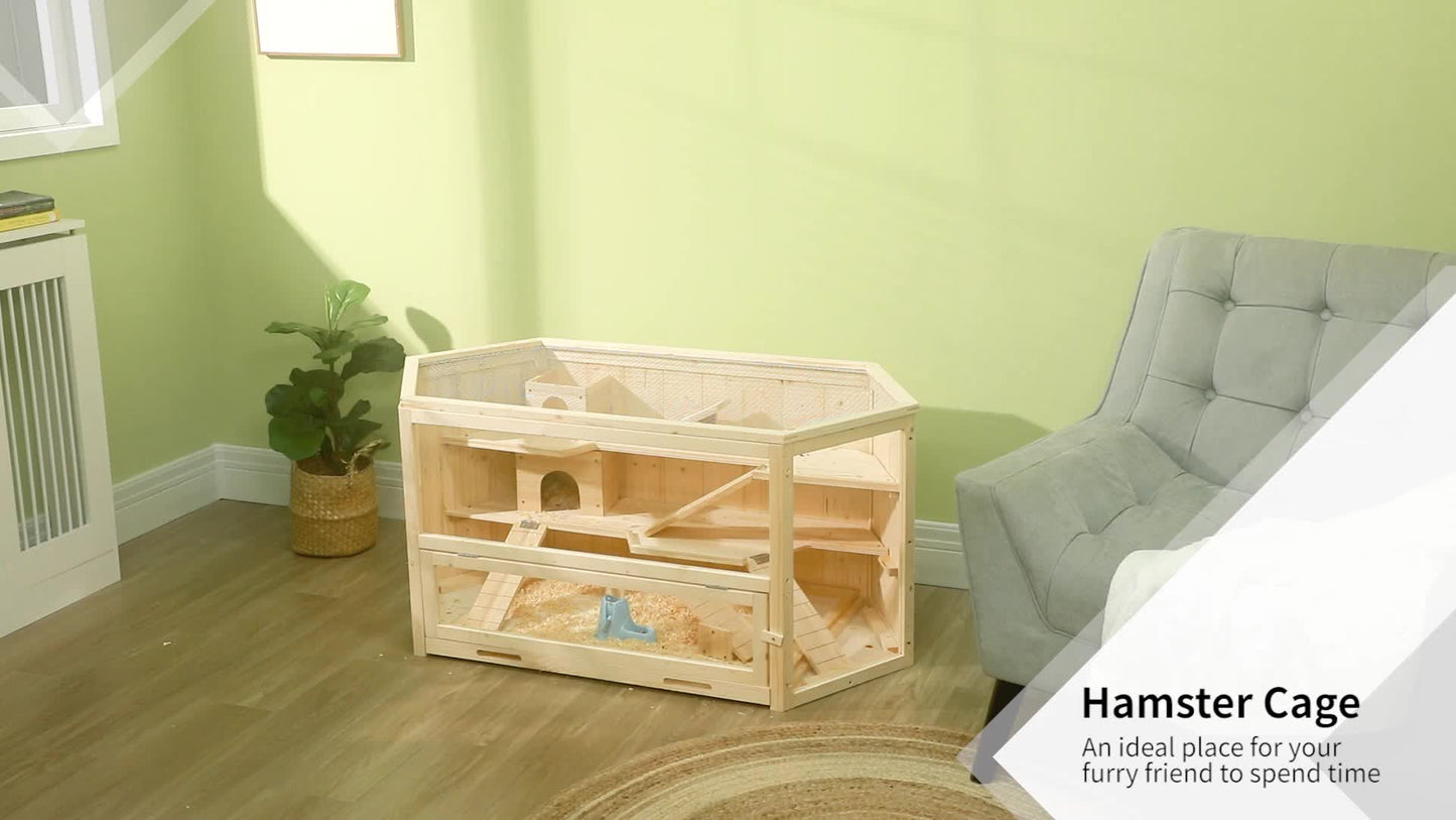 PawHut Wooden Large Hamster Cage Three Tier With Tray Seesaws Water Bottle Activity Center