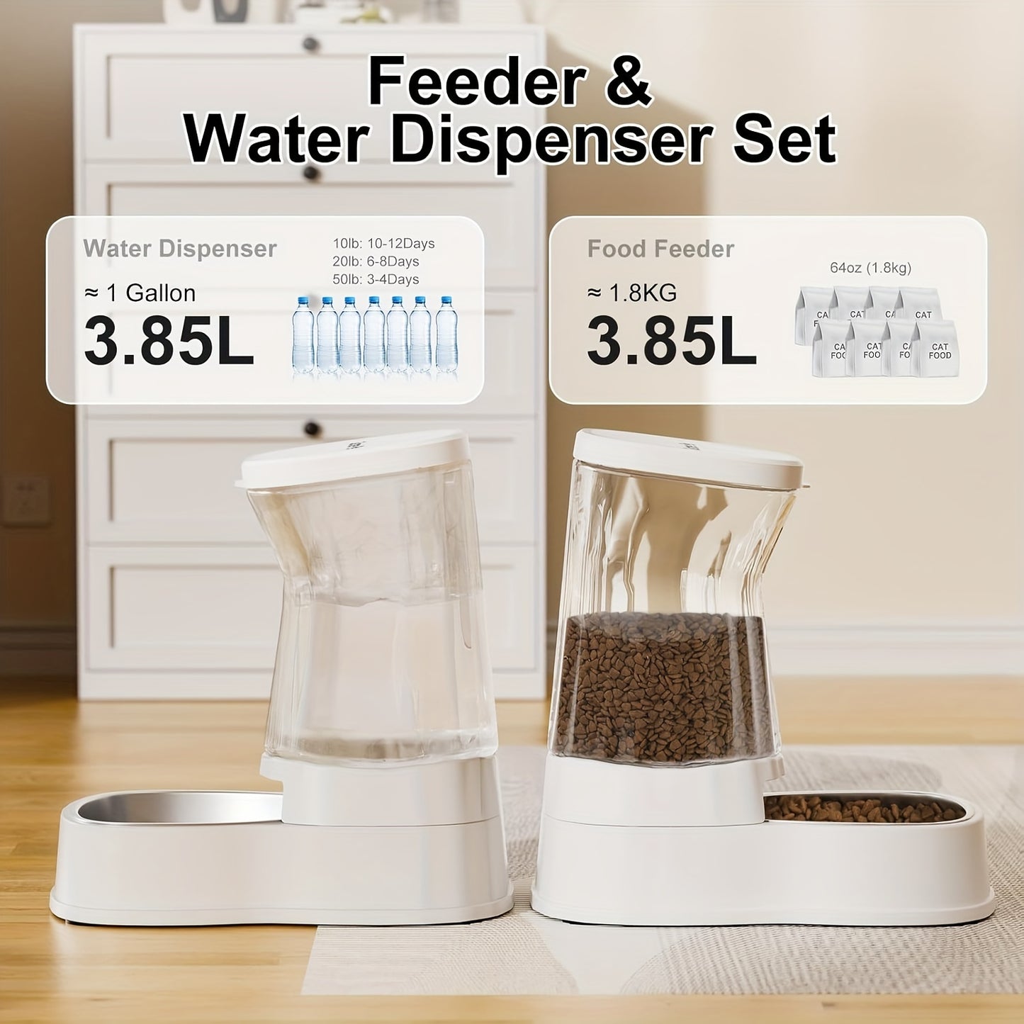 Automatic Pets Gravity Feeder And Water Dispenser Set 1 Gallon X 2 Stainless Steel Food Feeder And Waterer 100 Percent BPA Free Water Bowl Dispenser For Small And Medium Dogs Cats Puppies White Without Battery