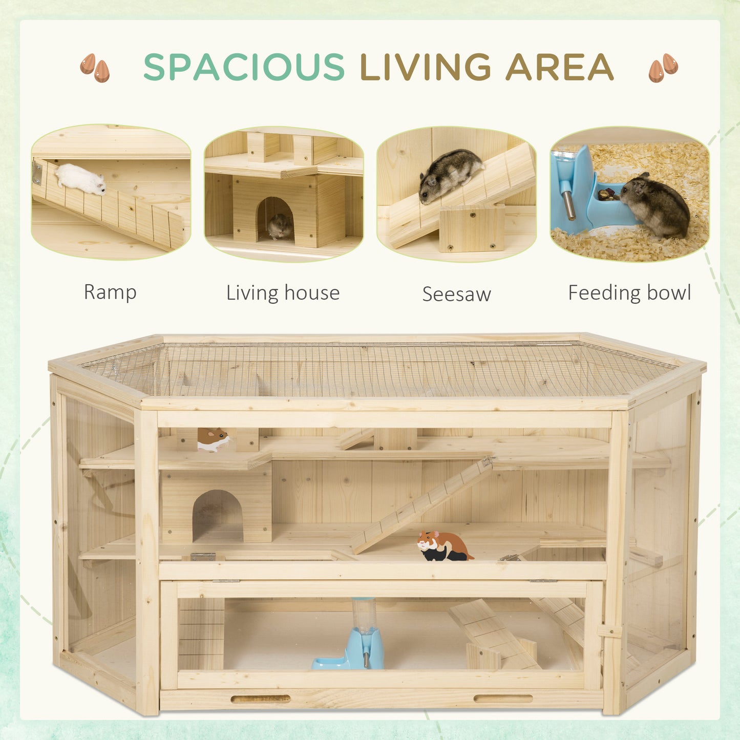 PawHut Wooden Large Hamster Cage Three Tier With Tray Seesaws Water Bottle Activity Center
