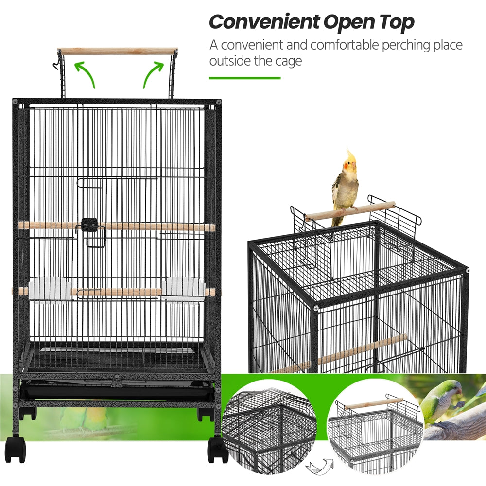 Costoffs 31 Inch Wrought Iron Bird Cage Parrot Cage with Rolling Stand Open Top for Small Birds Black