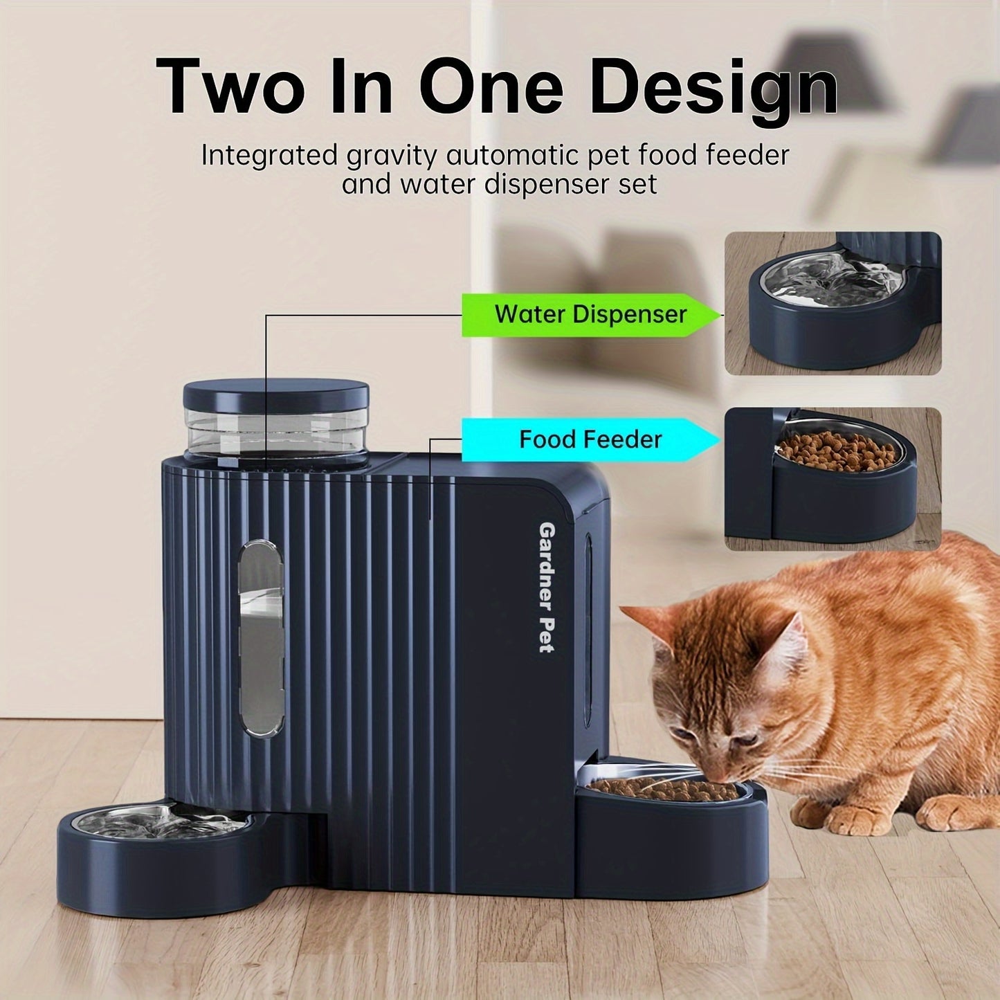 Automatic Gravity Cat Food Feeder And Water Dispenser Stainless Steel Two In One Set Large Capacity For Pets Dogs Puppies Kittens