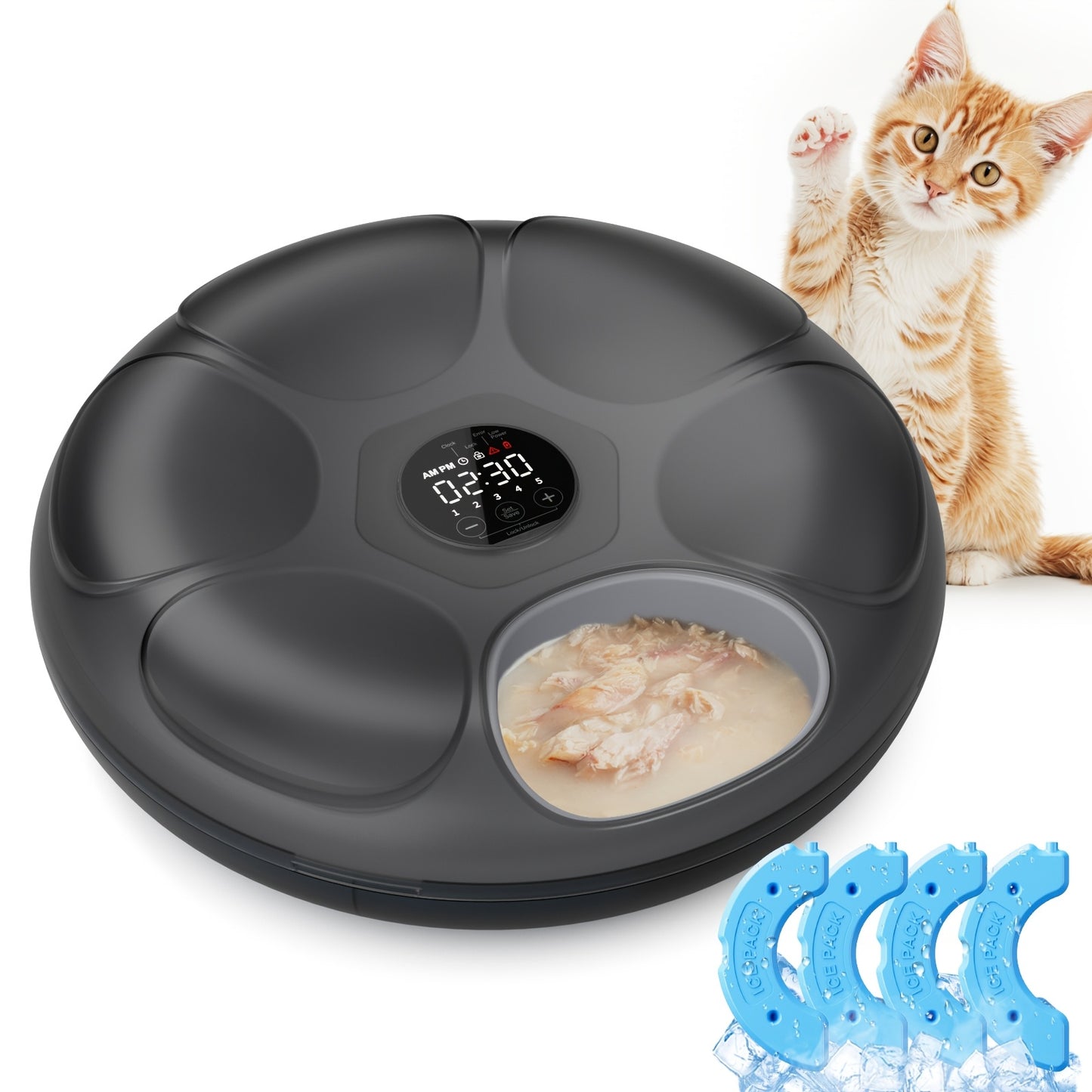 6 Compartments Rechargeable Cordless Cat Feeder Smart Automatic Wet Food Dispenser Programmable Daily Feeding Schedule with Ice Packs Low Battery Indicator Safe Paw Design