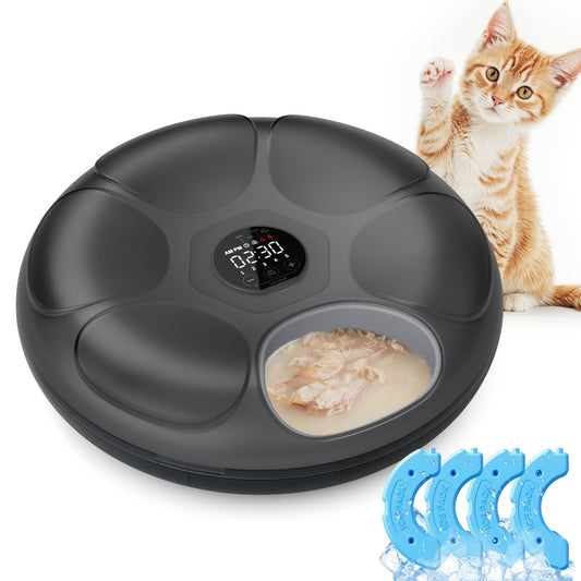 6 Compartments Rechargeable Cordless Cat Feeder Smart Automatic Wet Food Dispenser Programmable Daily Feeding Schedule with Ice Packs Low Battery Indicator Safe Paw Design