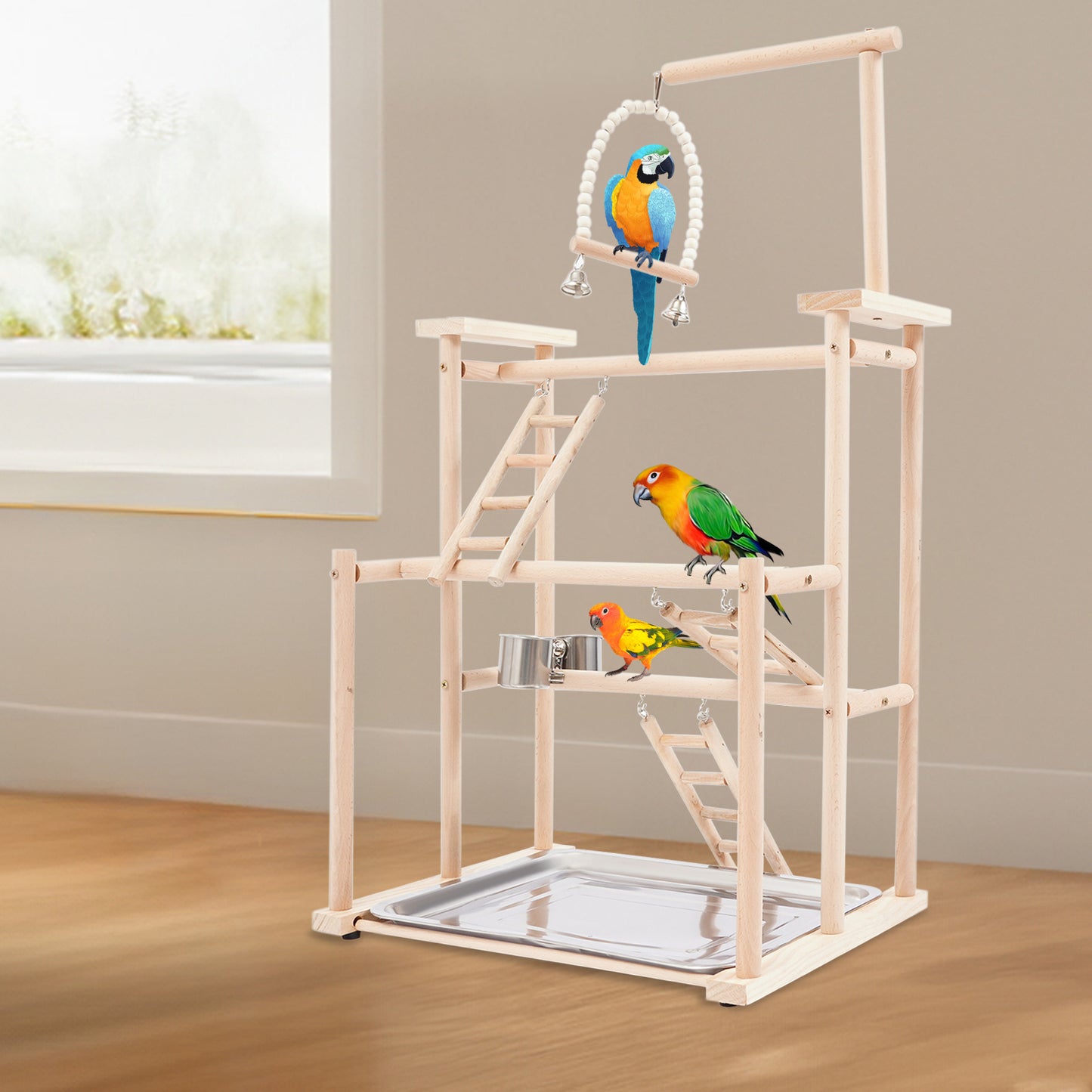 Pet Parrot Playstand Wood Perch Gym Playpen Ladder with Feeder Cups Bells for Cockatiel Parakeet Three Layers